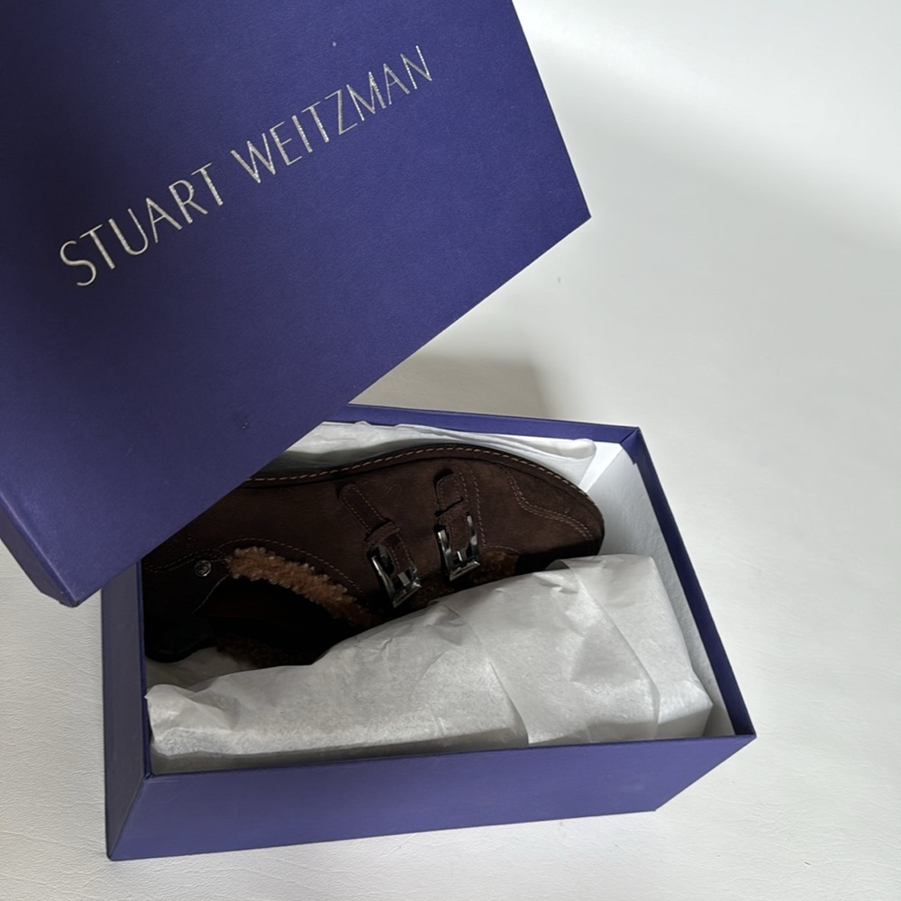 Stuart Weitzman Shoes 7.5 M Sherpa Trimmed Slip On  Brown Suede buckles - Picture 8 of 8